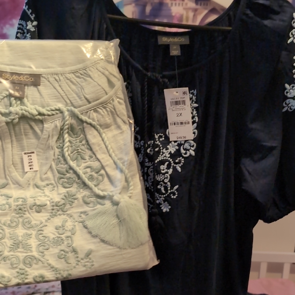 Style & Co. Navy and Light Blue Embroidered Blouse